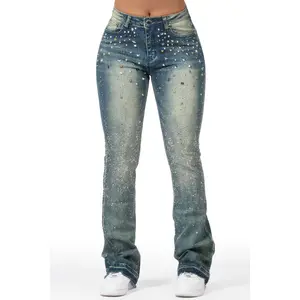 Starr Dark Wash Rhinestone Stacked Flare Jean