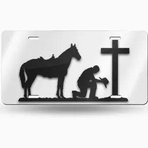 License Plate Cowboy Praying at Cross Horse Decorative Car Front License Plate,Vanity Tag,Metal Car Plate,Aluminum Novelty License Plate for Men/Women/Boy/Girls Car,6 X 12inch