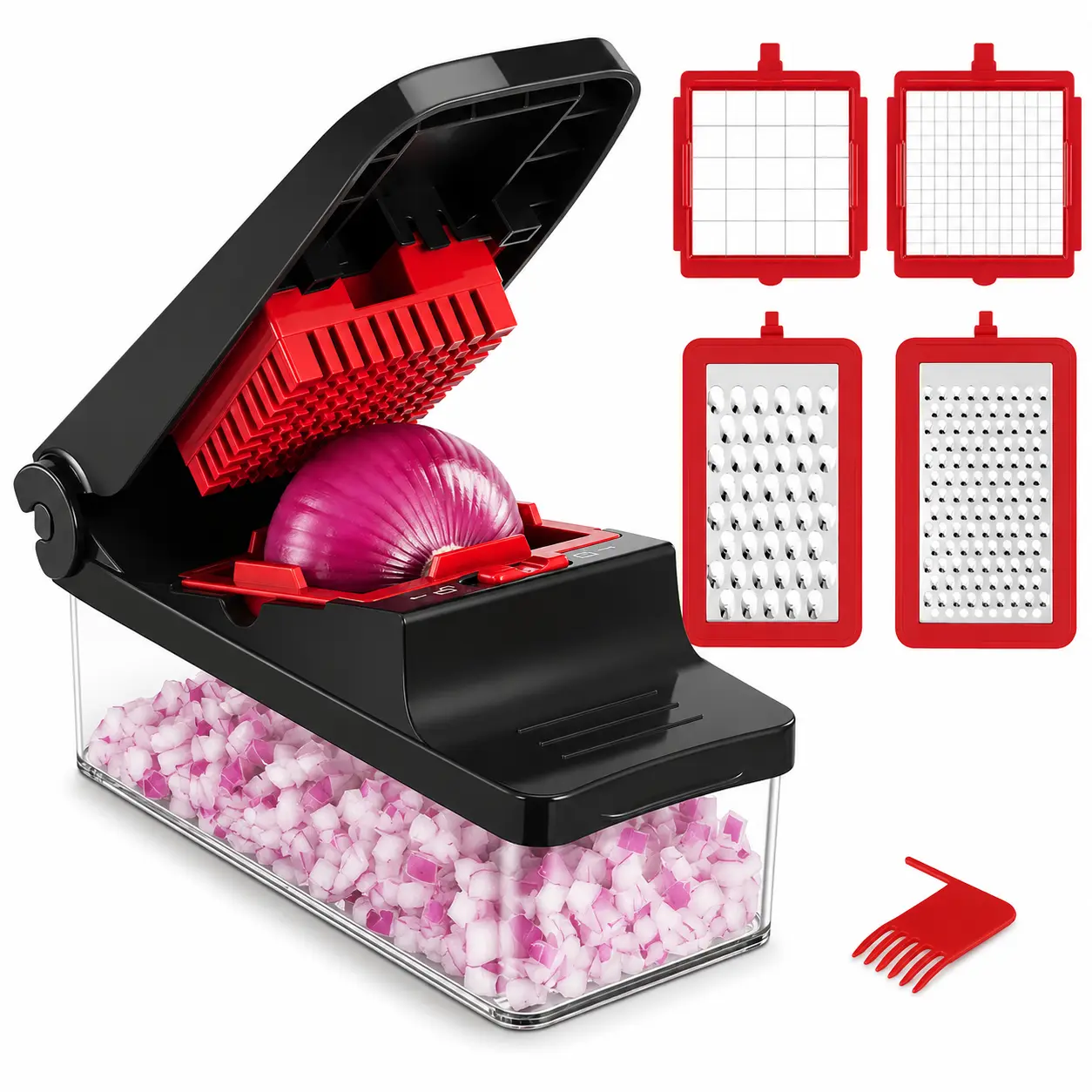 Vegetable Chopper with Container, 4-in-1 Manual Food Chopper, Vegetable Dicer, Slicer and Grater, Interchangeable Stainless Steel Blades, Kitchen Cutter for Onion, Carrot, Cucumber and Cheese