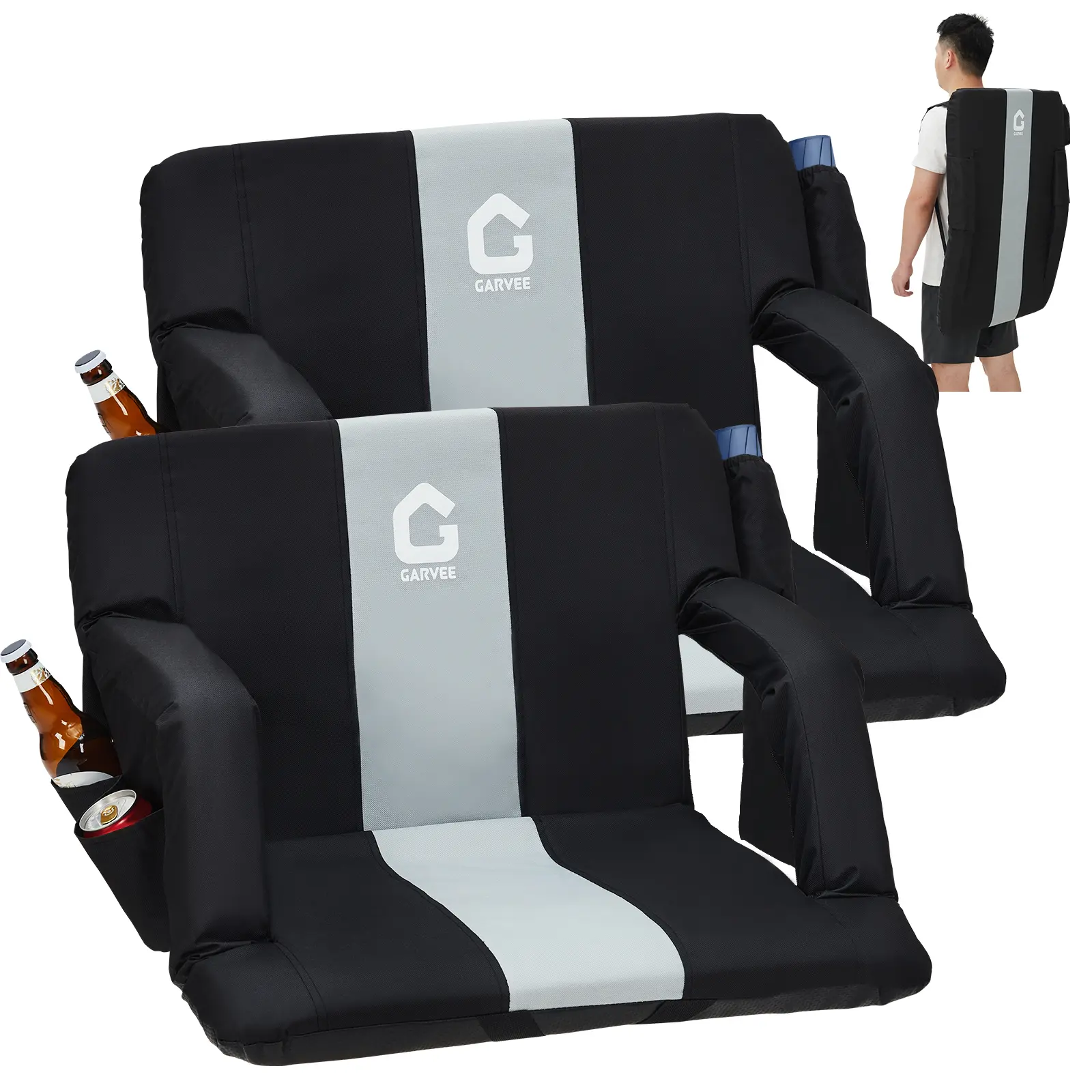 GARVEE  Foldable Reclining Stadium Bleacher Seats, 6-Position Adjustable Backrest Padded Bleacher Chair with Armrests, Dual Cup Holders & Large Storage Pockets, Non-Slip Secure Fit Collapsible Chair for Sports Games, Camping, Outdoor Events