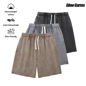 Men’s retro washed cotton athletic shorts featuring an elastic waistband with added weight, street style, and a drawstring design. Suitable for fitness, training, and jogging. Includes a pocket