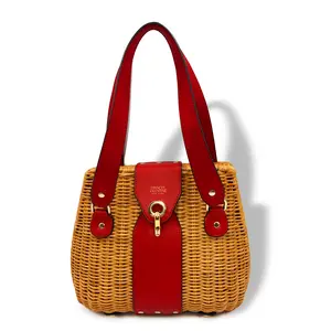 Frances Valentine Gigi Basket Wicker w/ Leather Handle Toast OS Classic Summer Basket Style Woven Rattan Handbag