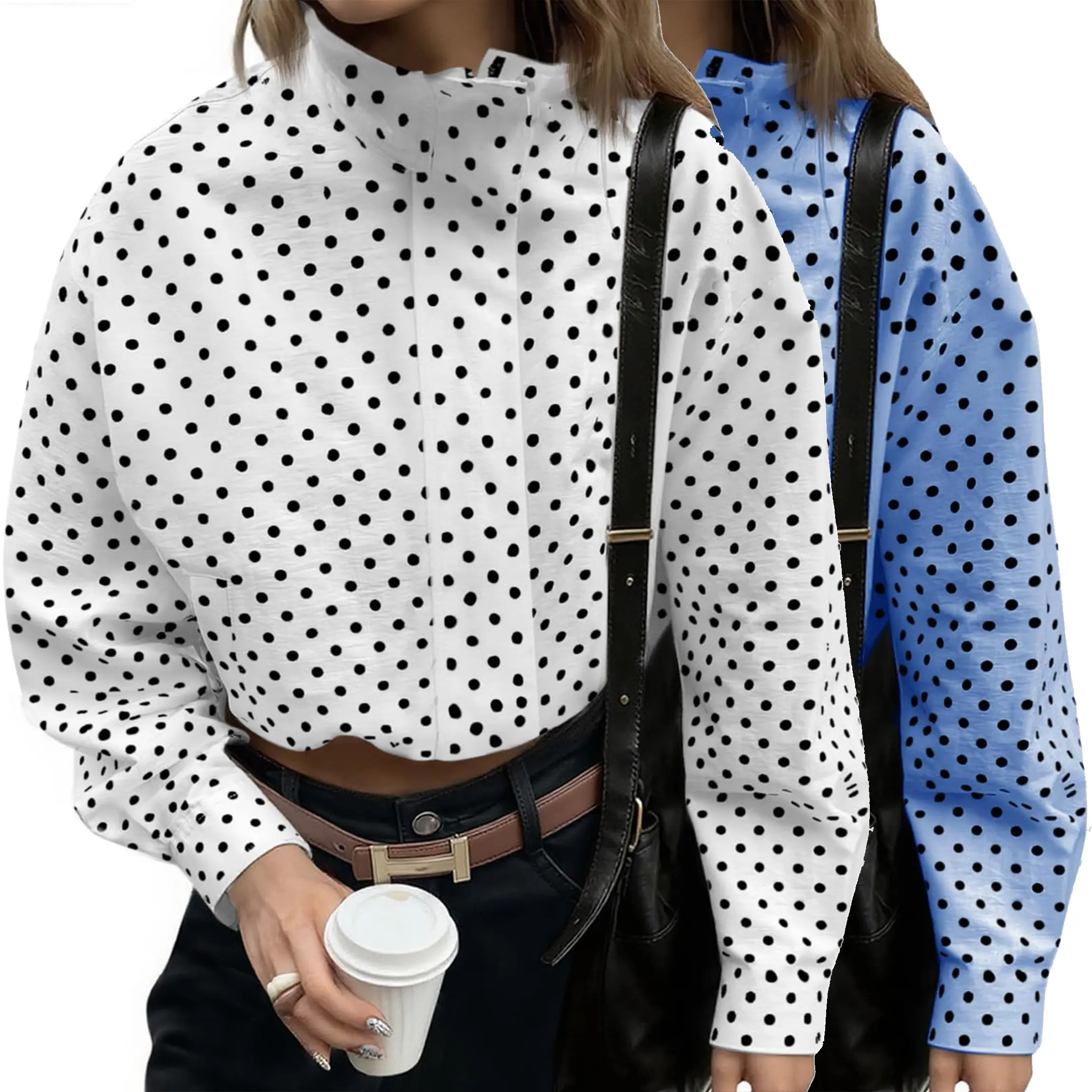 Buenoble Women’s Polka Dot Cropped Jacket Zip Up High Neck Windbreaker Lightweight Oversized Long Sleeve Track Jacket Trendy Streetwear Top