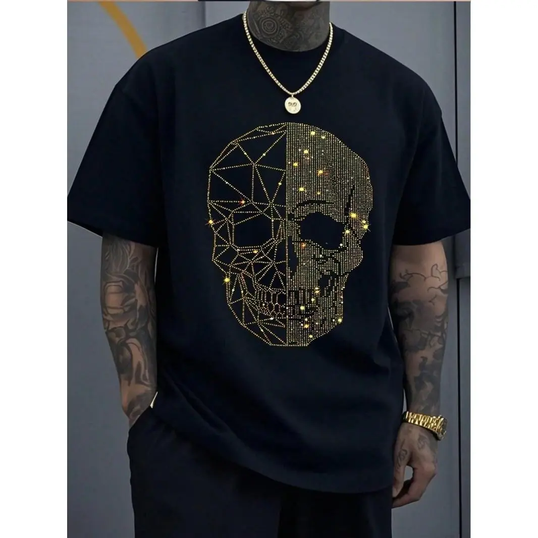 Mens Rhinestone Skull Graphic T Shirt Oversized Streetwear Short Sleeve Crew Neck Tee Black Geometric Crystal Skull for Concert Night Out Halloween