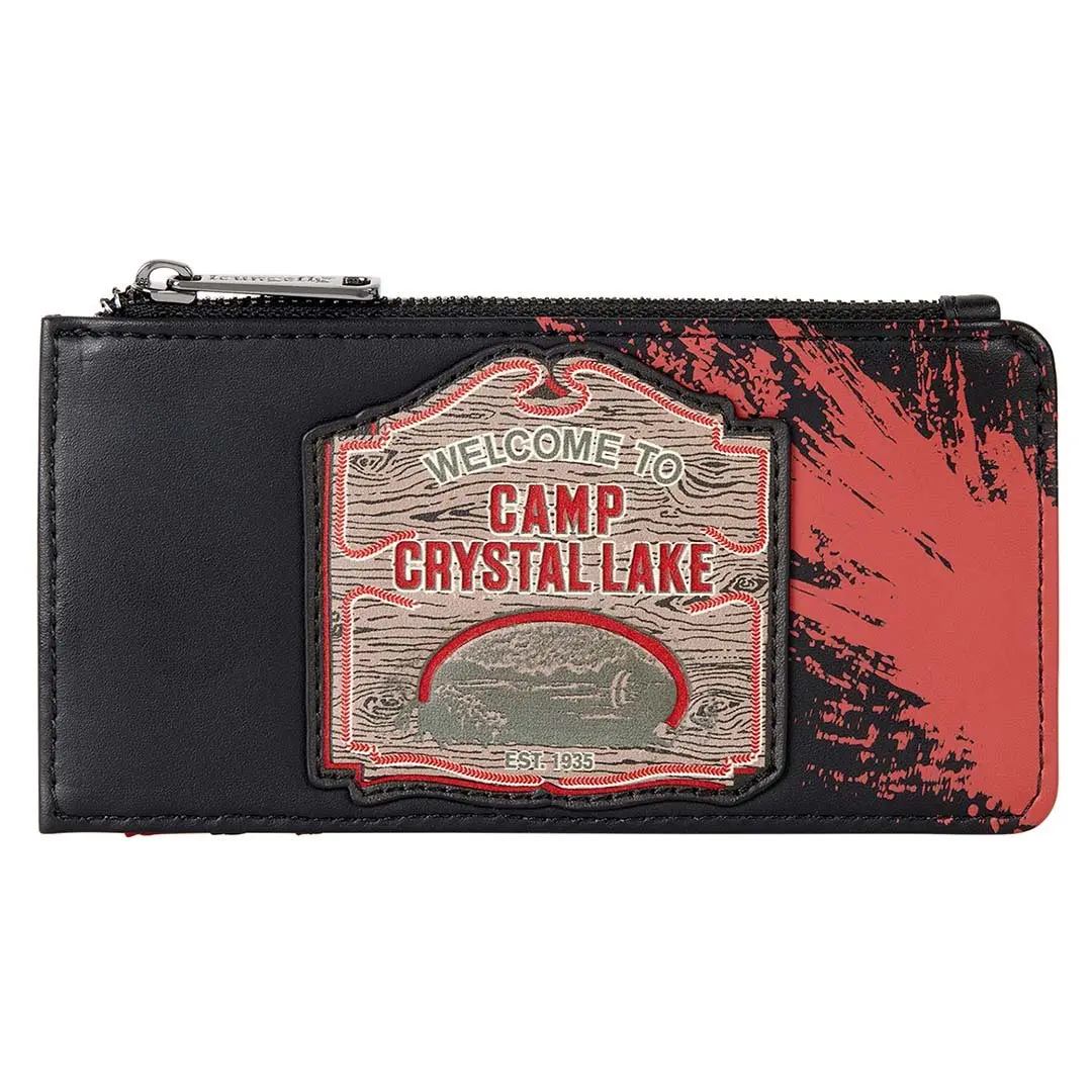 Loungefly Friday the 13th Camp Crystal Lake Graphic Faux Leather Card Holder for Women, Multi-Compartment Wallet with Zip Pocket, Casual Wear, Appliqué Detail, Long Wallet, Blood Splashes, Card Slots, Basic, Appliquéd Detail, Basic Look