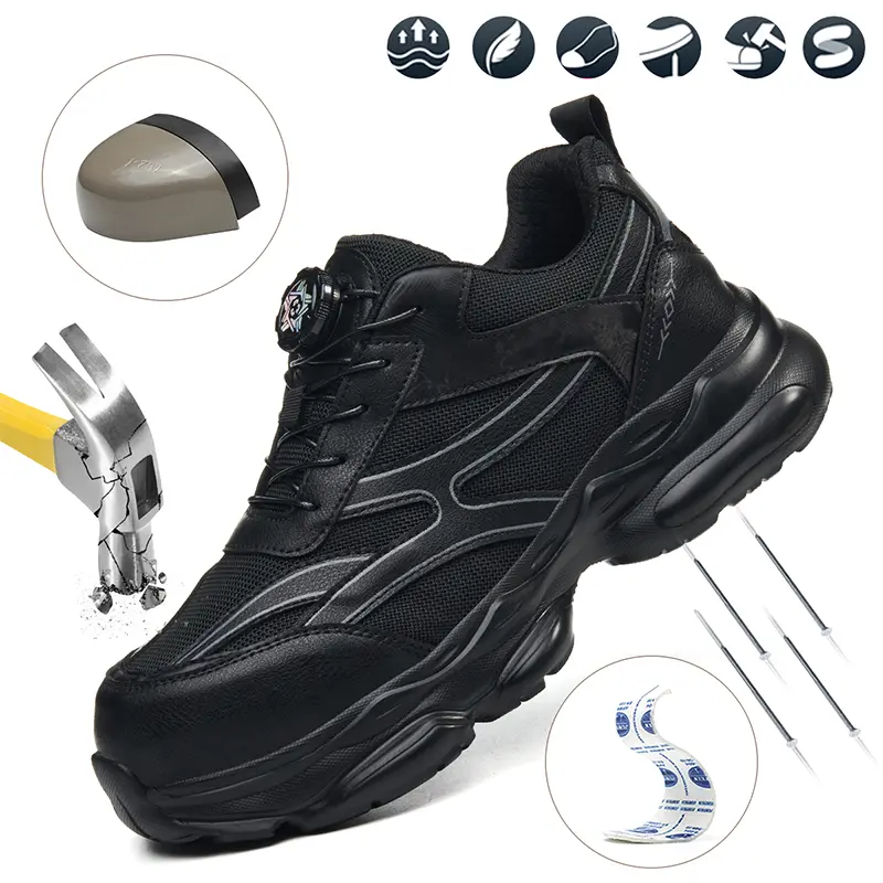 Men’s lightweight steel-toe safety shoes with impact protection, puncture-resistant midsole, and non-slip rubber outsole; breathable knit upper that doesn’t trap heat; comfortable for prolonged standing on worksites and outdoor environments.