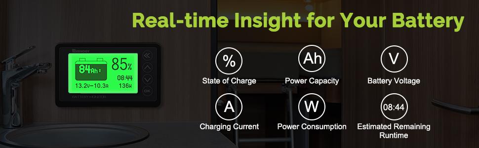 Renogy 500A Battery Monitor with Shunt, High and Low Voltage Programmable Alarm, Range 10V-120V up to 500A, 20ft Shielded Cable, Compatible 12V Lithium Sealed, Gel, Flooded Batteries,Black