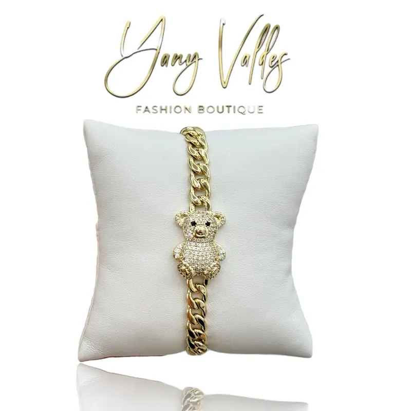 Bear bracelet with CZ stones, adjustable fit and secure double clasp design.