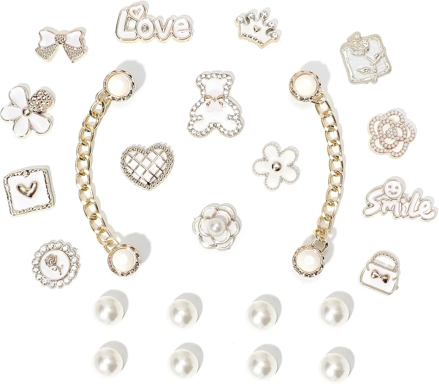 White Pearl Shoe Charms – 26pcs Cute Love, Bear, Smile, Bow & Gold Chains for Clogs Crocs Girls