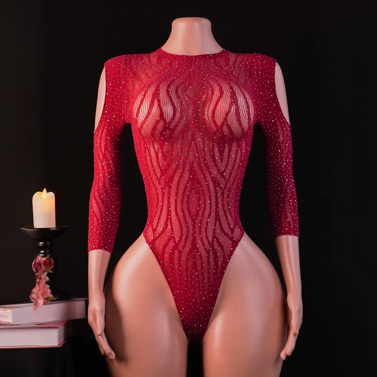 Women's Polyester Sequin Bodysuit - Chic Long-Sleeve Elegant Clubwear, Solid Red with Lace & Rhinestone Trim for Rave Party Costumes, Women's Clothes Outfits, Sequins, Romance, Crew Neck, Rhinestones, Night Wear, Full Body
