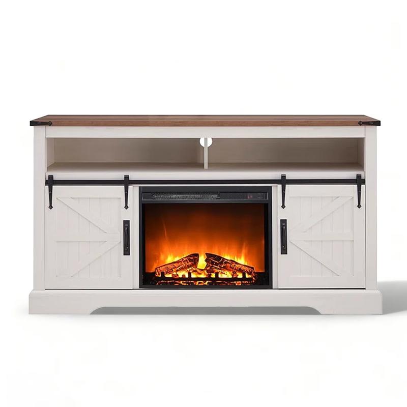 OKD 60" Rustic TV Stand – Electric Fireplace Mantel with 23" Freestanding Heater, Rolling Barn Door, Storage Cabinets, Remote-Controlled 3D Flame Effects