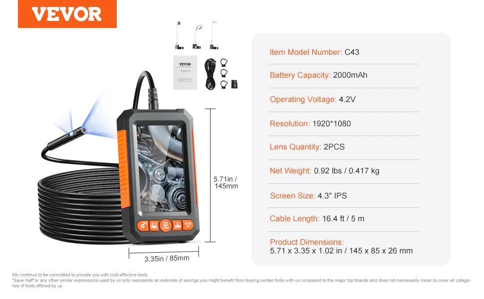 VEVOR Endoscope Camera with Light,  Triple Lens Borescope with 49.2FT Semi-Rigid Cable, 5" Screen 1080P Inspection Camera, 8 + 2 LED Lights, IP67 Waterproof Snake Camera for Auto, Plumbing (32GB Card)