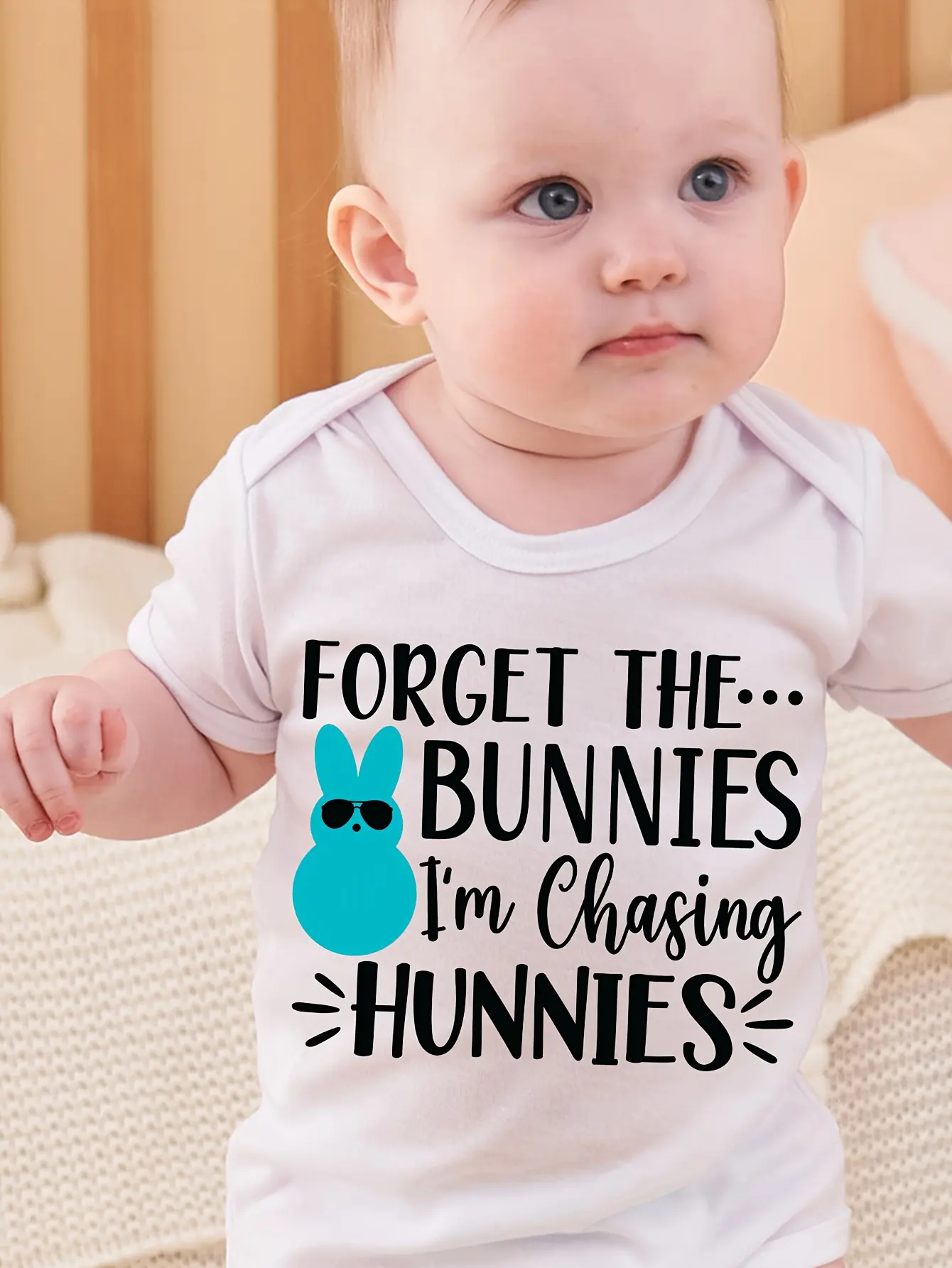 Funny Graphic Baby Bodysuit with Teal Bunny and Black Sunglasses, Short Sleeve Cotton Unisex Baby Girl Clothes for Easter Gift, Expandable Lap Shoulder Neckline, Family Easter Photoshoots