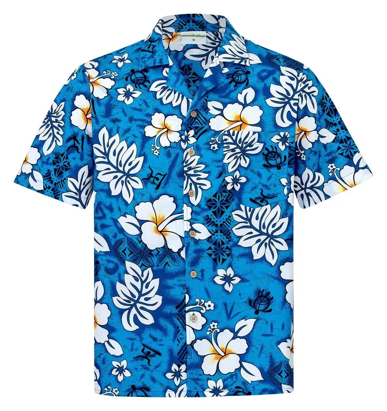 Hawaiian Shirt "Classic Flowers (blue)" for men 100% cotton Hibiscus Flower blue