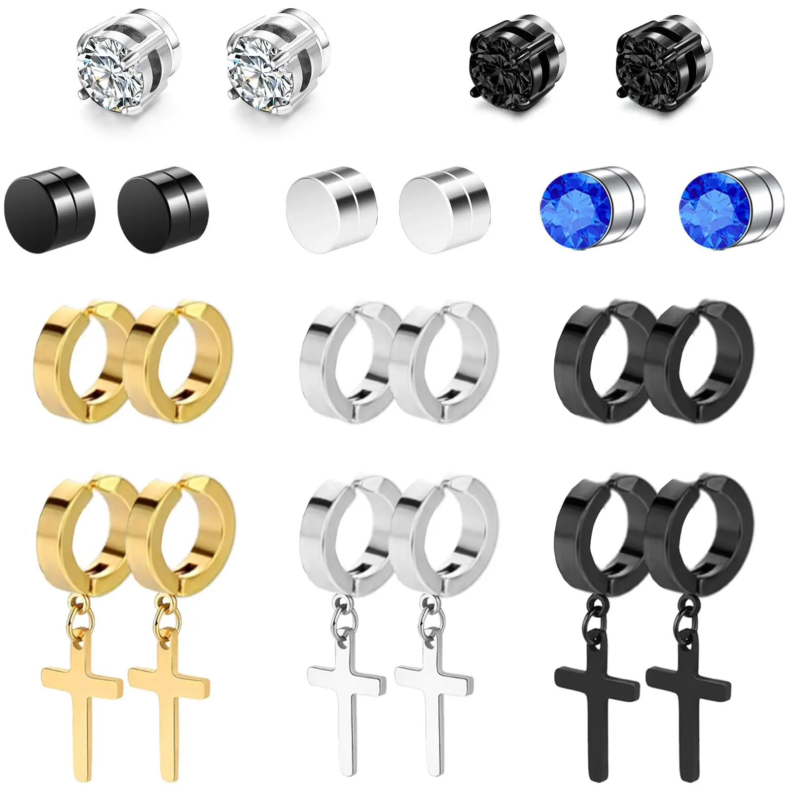 15-Pair Magnetic Ear Clip Set - Non-Pierced Fake Earrings, Black Cross Hoop Dangle for Men & Women