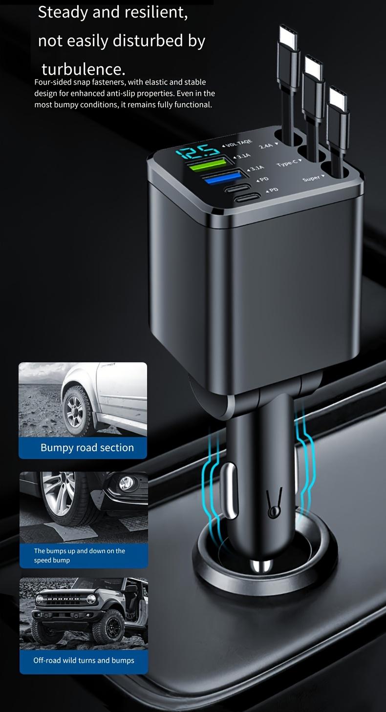 Best-Selling 8-in-1 Car Charger with Retractable Cables, Smart LED Display & 180° Rotation, PD Fast Charging for iPhone, Type-C & Android Devices Multi-Port USB Hub Compact Plug & Play Design Voltage Monitor Perfect for Travel, Daily Driving & Road Trips