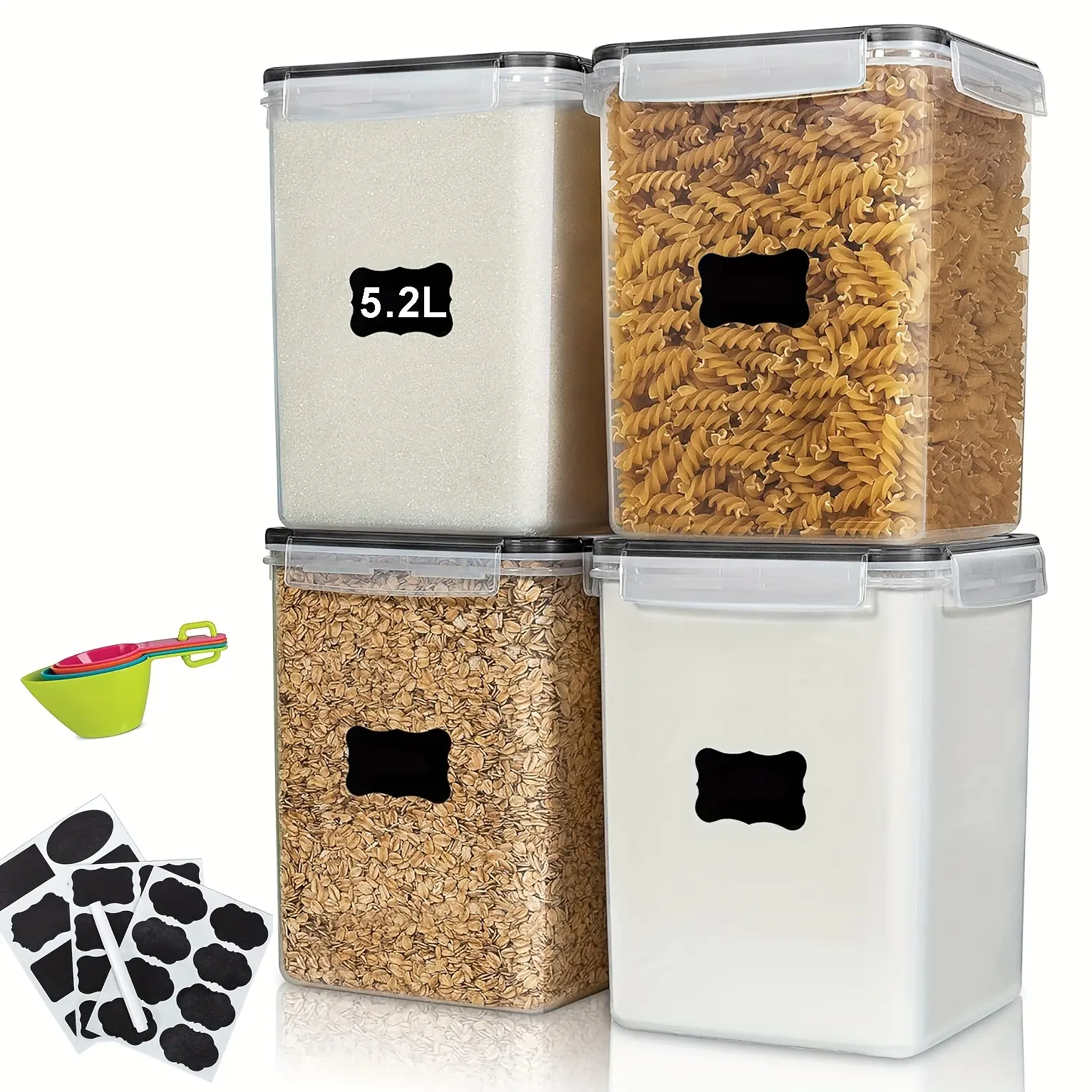 4 PCS Large Food Storage Containers 5.2L, Plastic Airtight Food Storage Containers With Lids For Kitchen Pantry Organization, BPA Free Plastic Airtight Canisters For Flour, Sugar, Baking Supplies, Rice With Lids, Measuring Cups And Labels