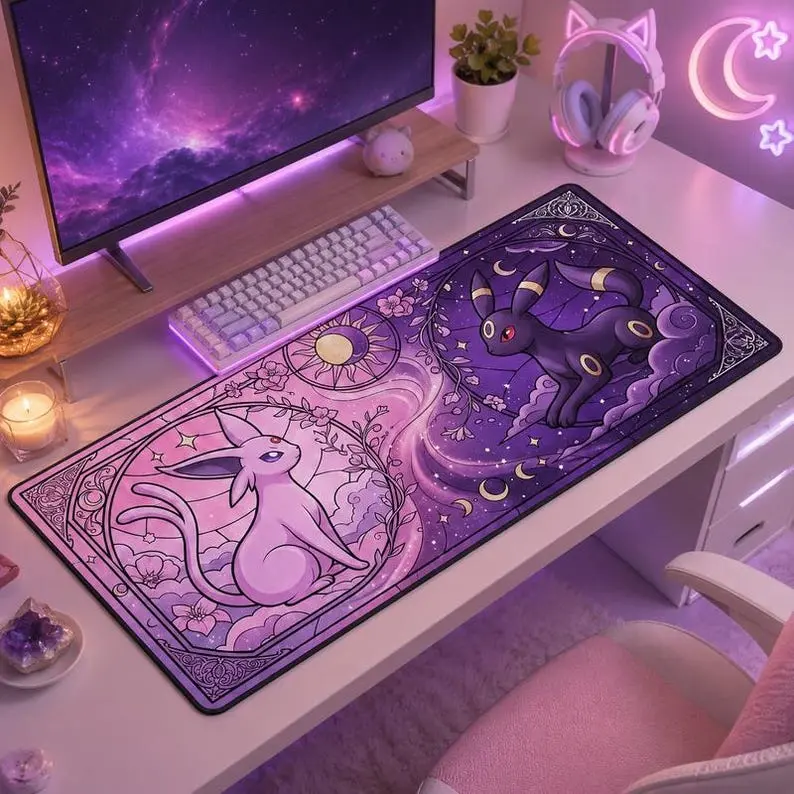 Espeon Umbreon Desk Mat, Stained Glass Anime Gaming Mouse Pad Extended, Sun Moon Desk Pad Large, Aesthetic Purple Desk Accessories