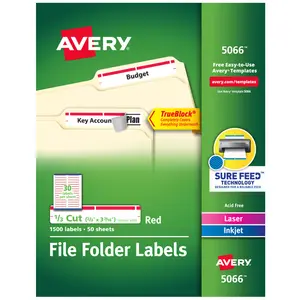 Avery TrueBlock File Folder Labels, 2/3" x 3-7/16", 1,500 Printable Labels, White/Red, Permanent (5066)