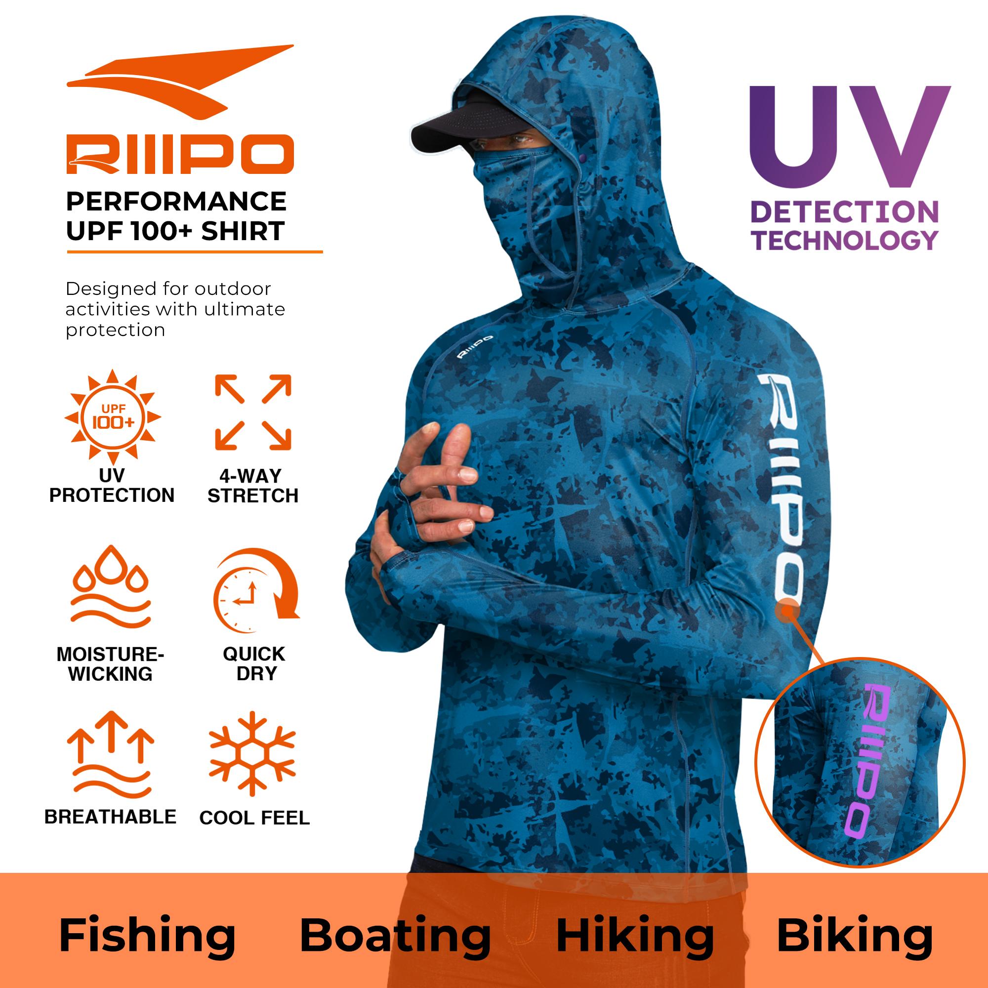 【Clearance】R10 Sun Hoodie Shirts w/ UV Detection Logo Mask Neck Gaiter Thumbhole Men UPF 100+ Sun Protection Long Sleeve Lightweight Quick Dry Moisture Wicking Breathable Cooling Athletic Activewear for Outdoor Sports Fishing Boating Construction Roofing