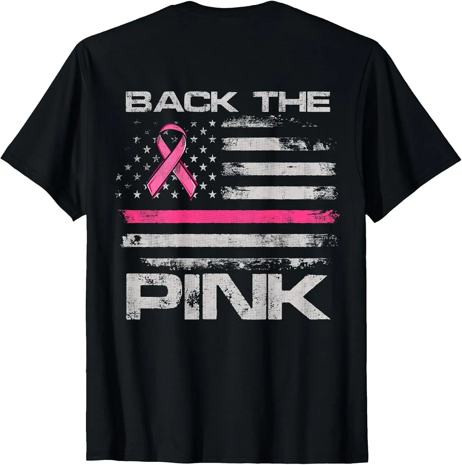 Back The Pink American Flag Breast Cancer Awareness (onback) T-Shirt - Unisex Cotton Crewneck Short-Sleeve, 4-Season Fit, Machine Washable, Double-Sided Design, Distinctive