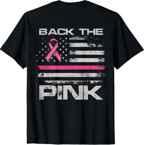 Back The Pink American Flag Breast Cancer Awareness (onback) T-Shirt - Unisex Cotton Crewneck Short-Sleeve, 4-Season Fit, Machine Washable, Double-Sided Design, Distinctive