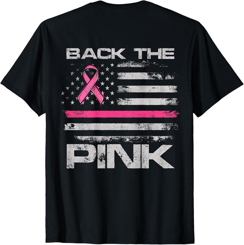 Women's Cotton Graphic T-Shirt - Breast Cancer Awareness Support Wear, Casual Short Sleeve Round Neck, Bold Double-Print American Flag Back, Classic Fit, S-5XL Women's Clothes, All Seasons Machine Washable Tshirt