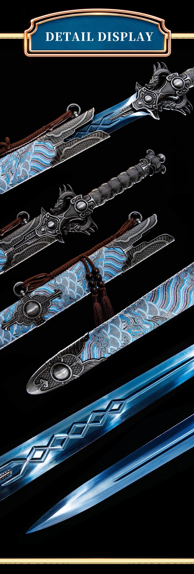 Handmade Chinese Sword - Full Tang Dynasty - Heat-Treated Blade, Blue Dragon Handle - Authentic Ancient Chinese - Collector'S Display or Martial Arts Training - Luxury Sword Sheath - Historical Replica - Ideal Gift for Martial Arts &