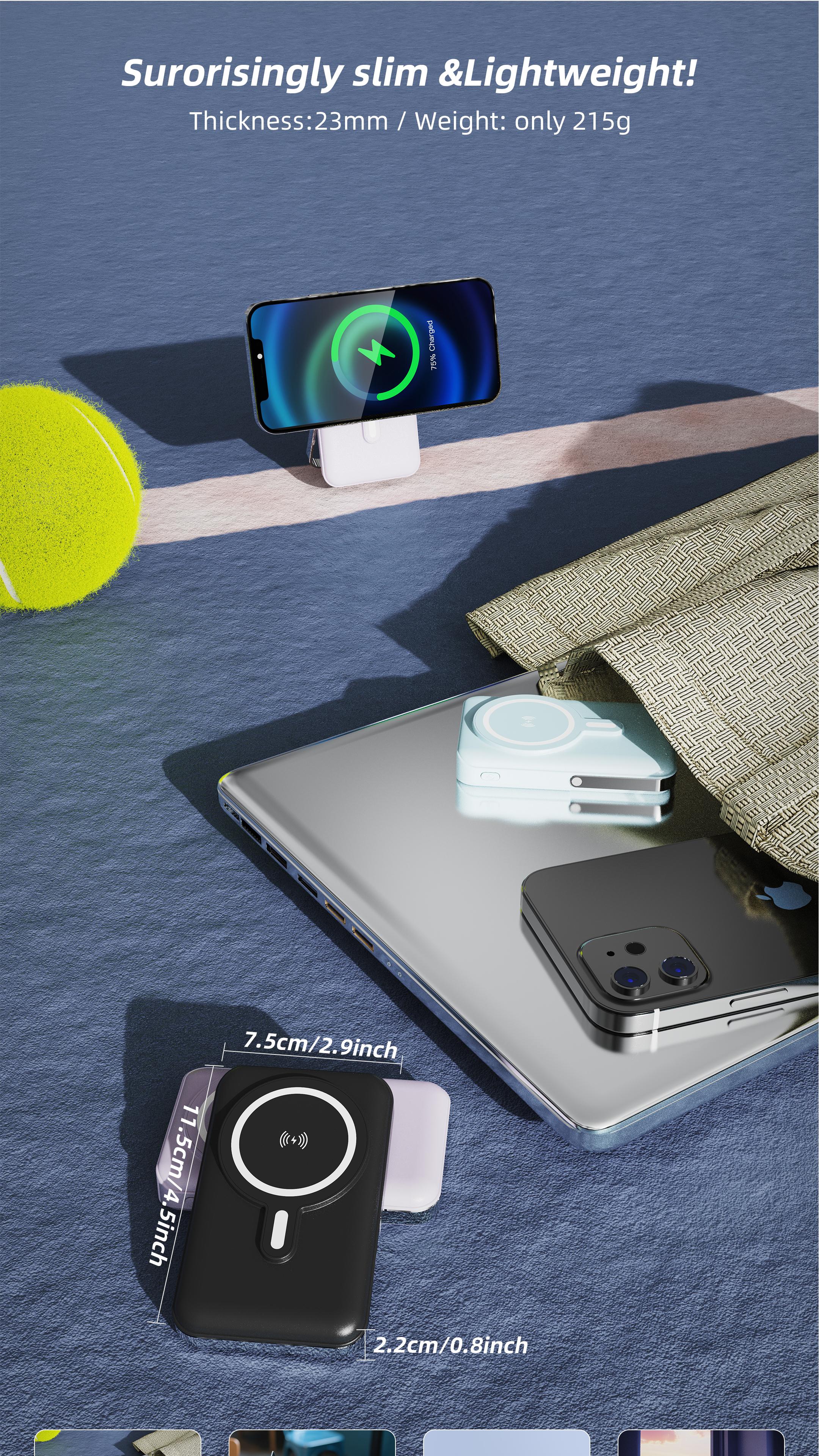 10000mAh Magnetic Power Bank, Wireless Portable Charger, Foldable Fast Charging MagSafe Battery Pack for iPhone with LED Display and USB-C Cable White Storage power bank Compact Chargeable Device Folding Travel Gadgets