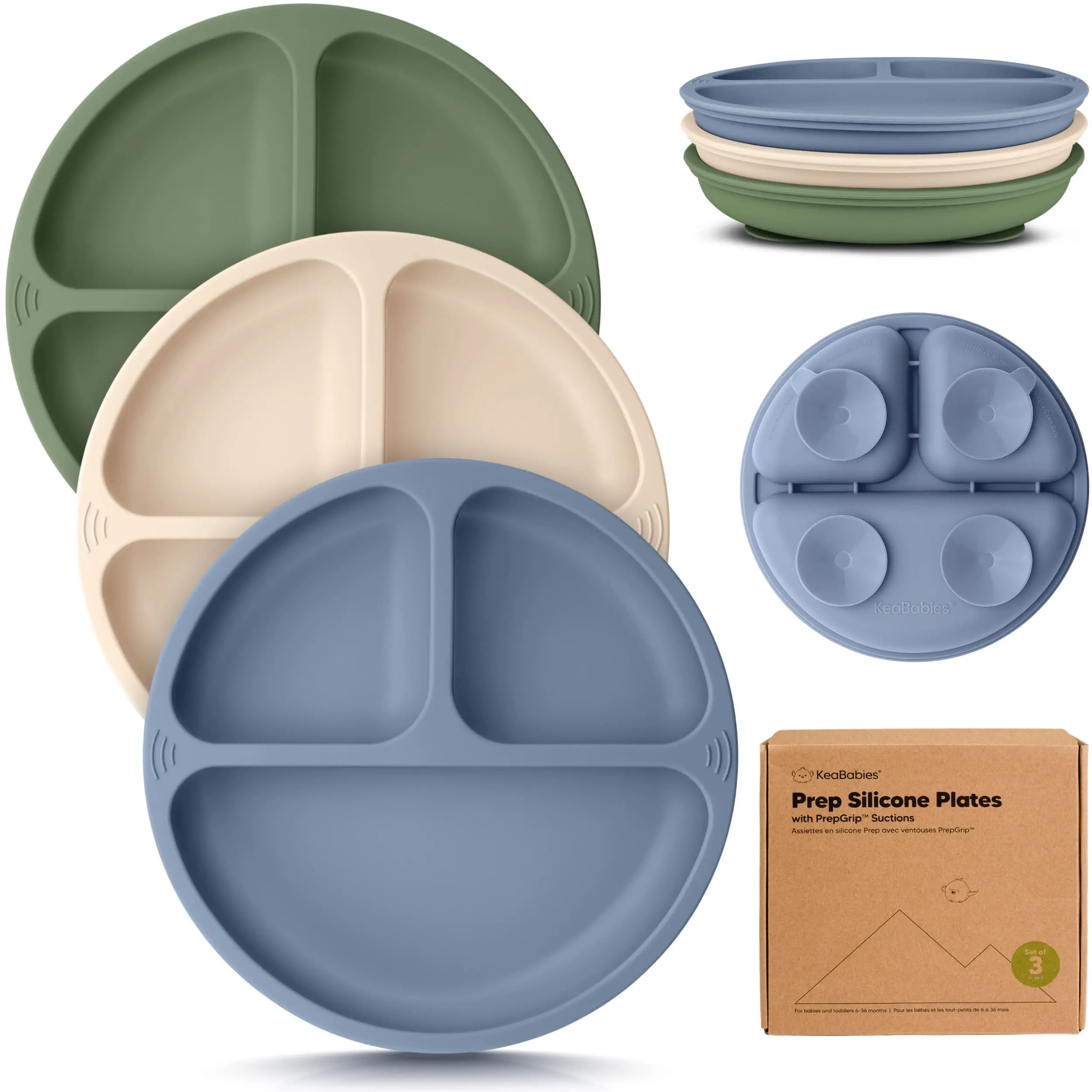 KeaBabies Suction Plates for Baby, Toddler - 3-Pack 100% Silicone Toddler Plates with Suction, Divided, BPA-Free Baby Led Weaning Essentials for Kids, Dishwasher, Microwave Safe, Durable