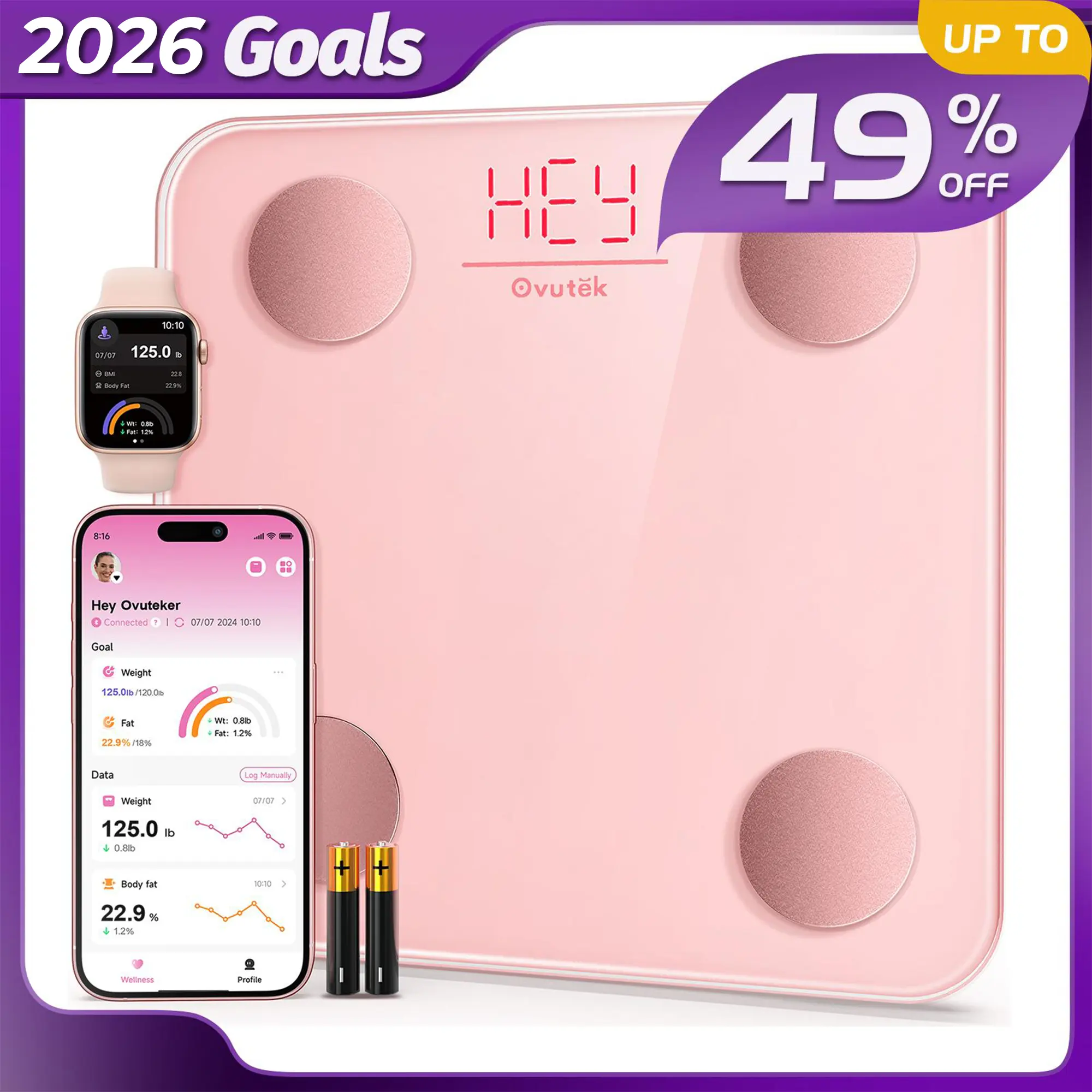 OVUTEK Digital Rectangular Smart Bathroom Scale - Pink, High Accuracy, BMI & Body Fat Composition Tracking, Bluetooth Connectivity & App Data Tracking,back to school
