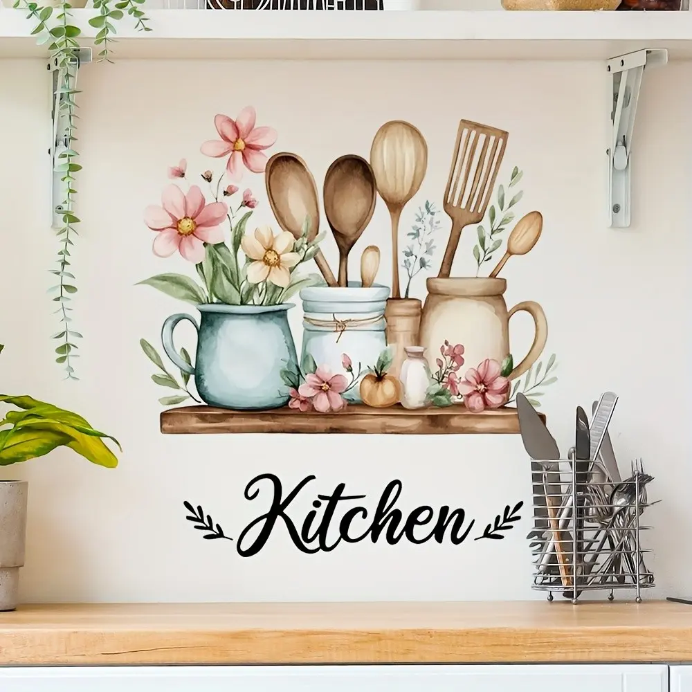 Realistic Kitchen Tool Wall Sticker, Floral Pattern Sticker, Decorative Ornaments Background Wall Decal for Living Room Dining Room, Home Decoration Gift, Wall Art Stickers, Decoration Items