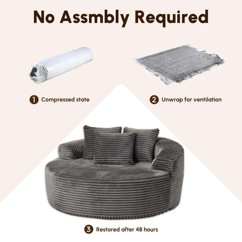 【Black Friday Sale】Ovios 59" W Oversized Round Sofa Bed - Fluffy Lazy Bean Bag, Modern Deep Seat Couch for Relaxation, Plush Corduroy Fabric, 3 Pillows Included, No Assembly Required