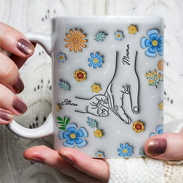 Personalized Mothers Day Mug, Hold My Hand and Heart Mug, Custom Floral Mug For Mom, 3D Inflated Effect Printed Mug, 11oz 15oz Ceramic White Mug