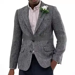 “Men’s Brown & Gray Herringbone Wool Suit Jacket – Slim-Fit Light Business & Professional Jacket for All Seasons”