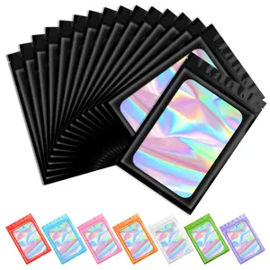 &100 pcs 3.5g Holographic Resealable Odor Proof Foil Pouch Bags for Food, Lipgloss, Jewelry, Eyelash Packaging