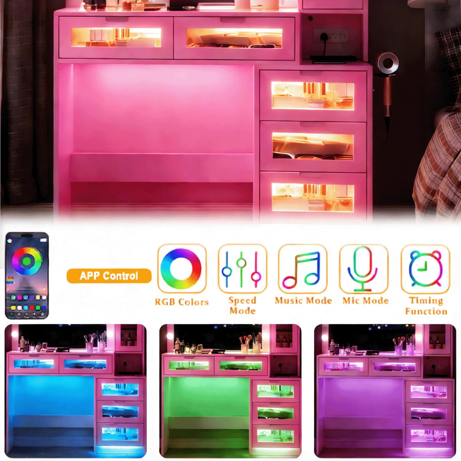 CollaredEagle Lighted Vanity Table - Modern LED Dresser, 11 LED Lights with 3 Adjustable Modes, 5 Transparent Glass Drawers, Glass Countertops, Power Outlets Equipped Makeup Vanity CollaredEagle Lighted Vanity Table - Modern LED Dresser, 11 LED Lights with 3 Adjustable Modes, 5 Transparent Glass Drawers, Glass Countertops, Power Outlets Equipped Makeup Vanity