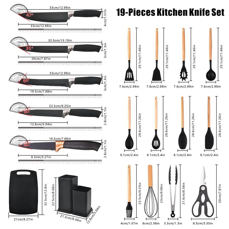 Black friday sales 2025 pots pans set 19 Piece Kitchen SetCutleryCooking Utensils, HeatResistant Silicone Cutlery 6Piece Sharp Knife Set2 Piece Cutlery Cutting BoardWoodCookware Rectangular Round Stove WoodenPlasticWhite Kitchenware