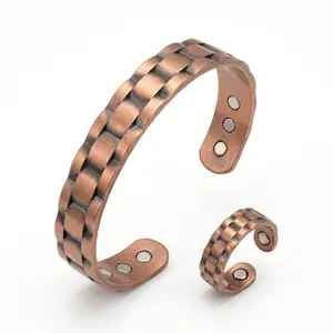 Nandudu Copper Magnetic Bracelet & Ring Set for Men Chain Link Adjustable Cuff 9 Magnets Bangle Arthritis Pain Relief Vintage Jewelry Gifts
