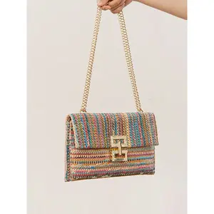 Women's Elegant Straw Textured Woven Clutch Bag with Detachable Chain Strap, Trendy Flap Clasp Closure Crossbody Bag, Fashionable Handbag for Beach, Weddings, Parties