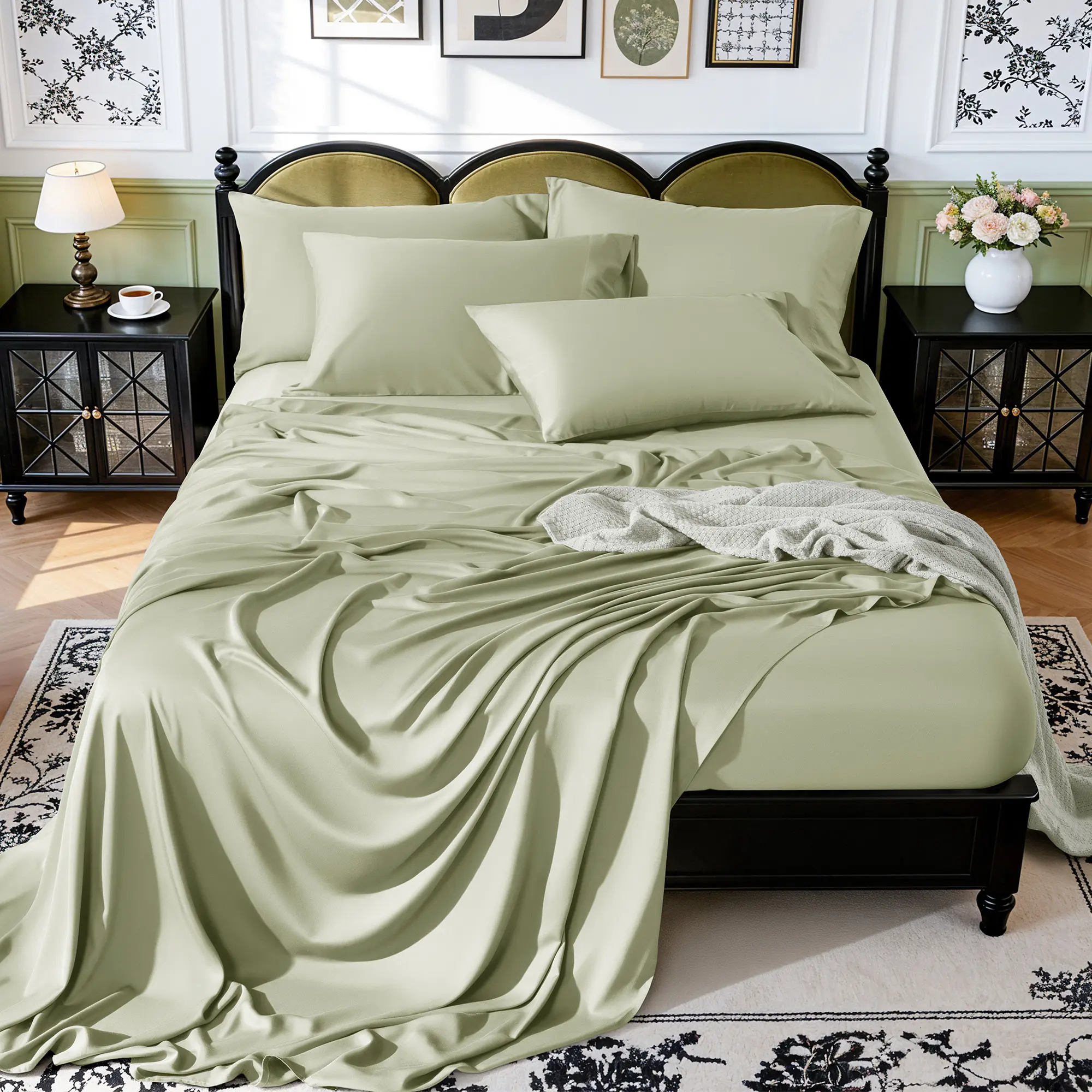 Bamboo Cooling Sheets Set 4/6 Pcs Silky Soft Breathable Hotel Luxury Bedding Set for Hot Sleepers 16 Inch Deep Pocket Wrinkle Resistant Machine Washable,back to school,back to school shopping,home decor