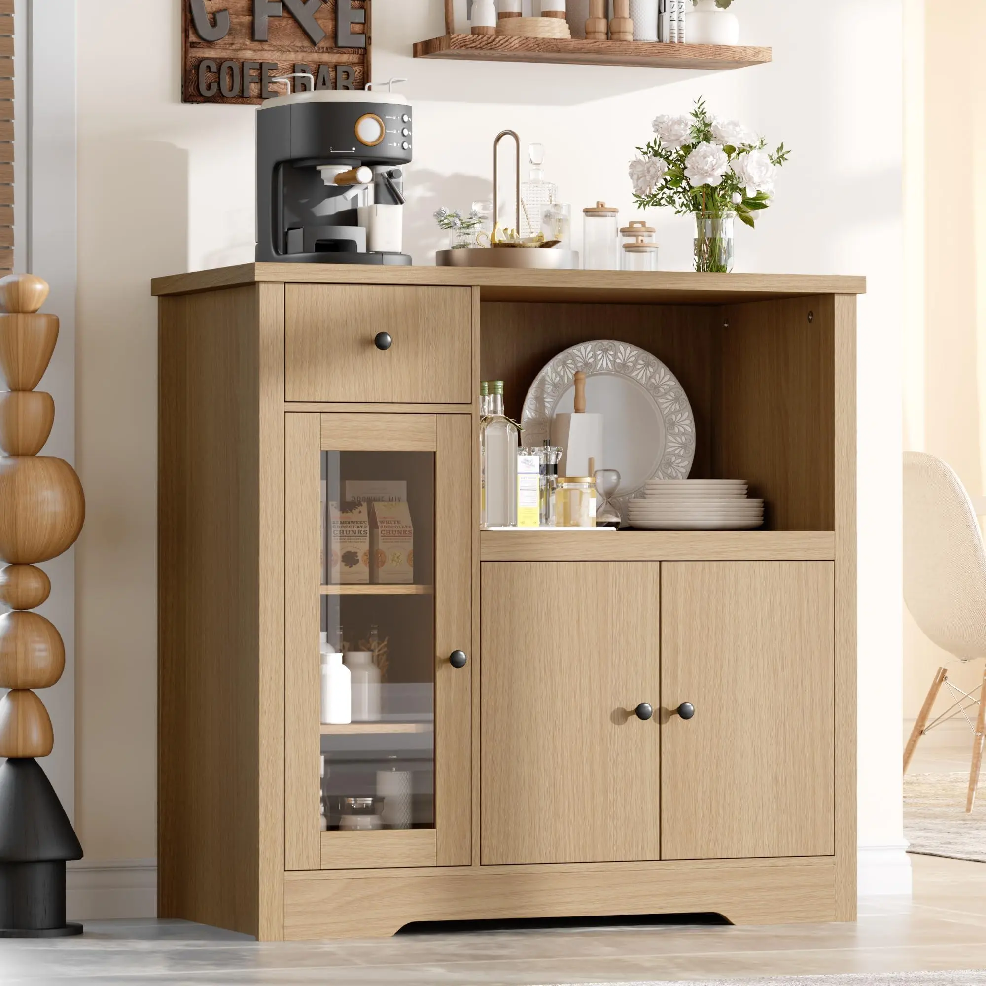 Garvee Kitchen Microwave Cabinet with Storage, Small Buffet Cabinet with Glass Door, Drawer & Adjustable Shelf, Modern Sideboard Coffee Bar for Small Spaces, Natural