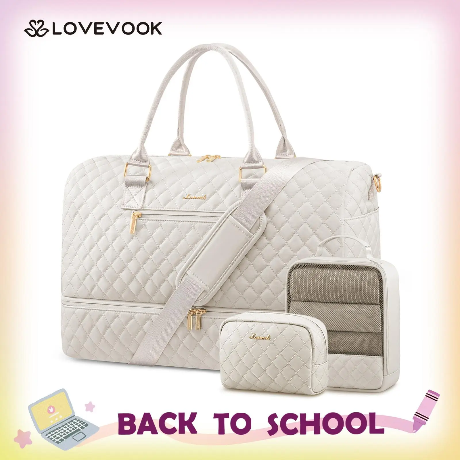 LOVEVOOK Travel Duffle Bag for Women, Weekender Overnight Bag with Shoe Compartment, Carry on Bag with Toiletry Bag, Gym Duffel Bag with Wet Pocket, Hospital Bags for Labor and Delivery 3 Pcs Set