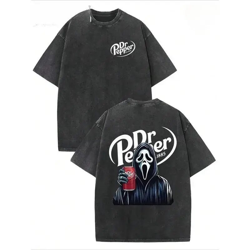 Dr. Pepper Ghost Face Horror Graphic Tee | Oversized Vintage Washed Heavyweight Cotton T-Shirt | Y2K Streetwear Double-Sided Top for Men & Women