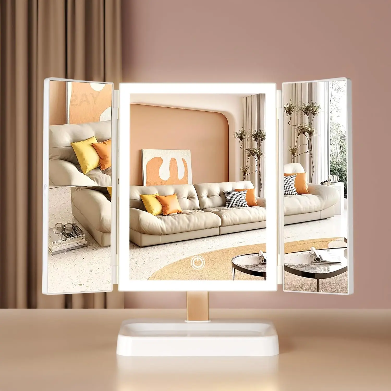 Makeup Mirror Vanity Mirror with Lights 1X 2X 3X 10X Magnification, Lighted Makeup Mirror, Touch Control, Tri-Fold Portable LED Makeup Vanity, Two Power Supply Modes, White