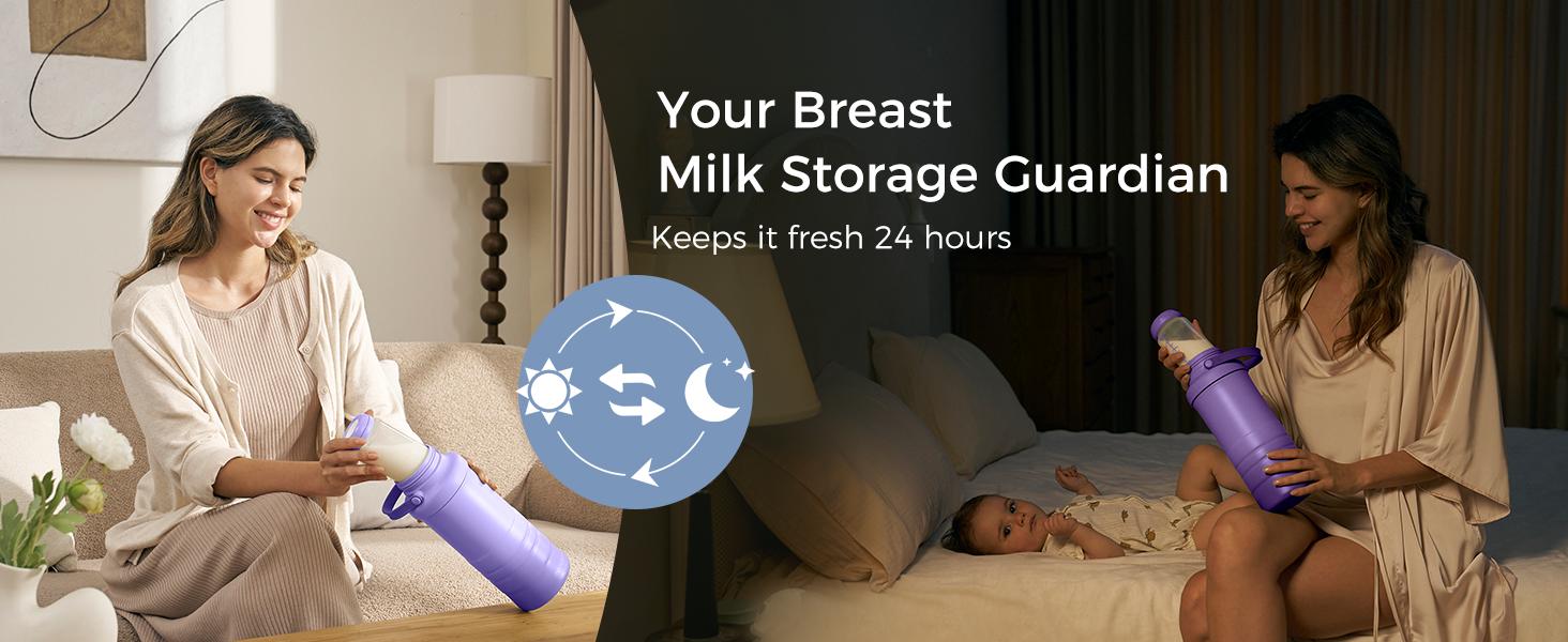 Momcozy 22oz Portable Breast Milk Cooler for On-the-Go, 360° Complete Cooling for 24 Hours, Spacious Travel Breastmilk Chiller with 2 Baby Bottles for Storage【B】