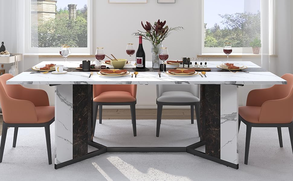 71" Large Luxurious Rectangular White Dining Table for 6-10 People with Marble-Color Wood Tabletop, Adjustable Metal Legs, Modern Design