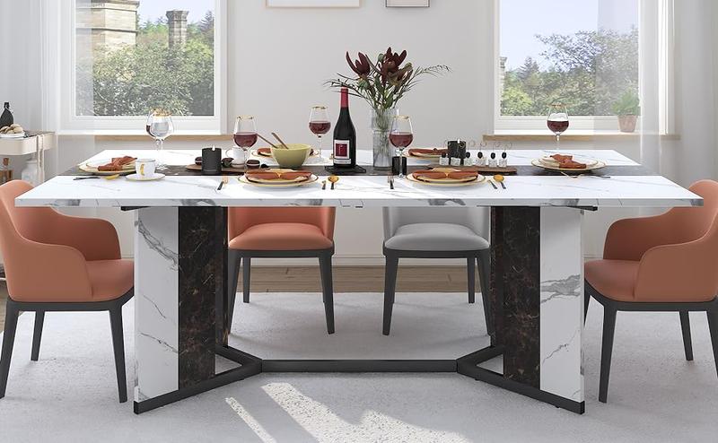 71" Large Luxurious Rectangular White Dining Table for 6 8 10 People with Marble-Color Wood Tabletop, Metal Adjustable Leg. Modern 6ft Family Dinner Table for Rustic Office Kitchen Living Room 71" Large Luxurious Rectangular White Dining Table for 6 8 10 People with Marble-Color Wood Tabletop, Metal Adjustable Leg. Modern 6ft Family Dinner Table for Rustic Office Kitchen Living Room