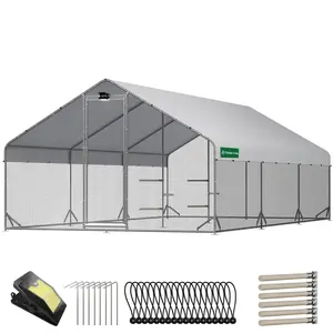 CHIKENCOOP Large Walk-in Metal Chicken Coop with Chicken Run & Hardware Cloth, Solar Light, Waterproof & UV-Resistant Cover, Outdoor Poultry Cage for Farm Use, 3 Room