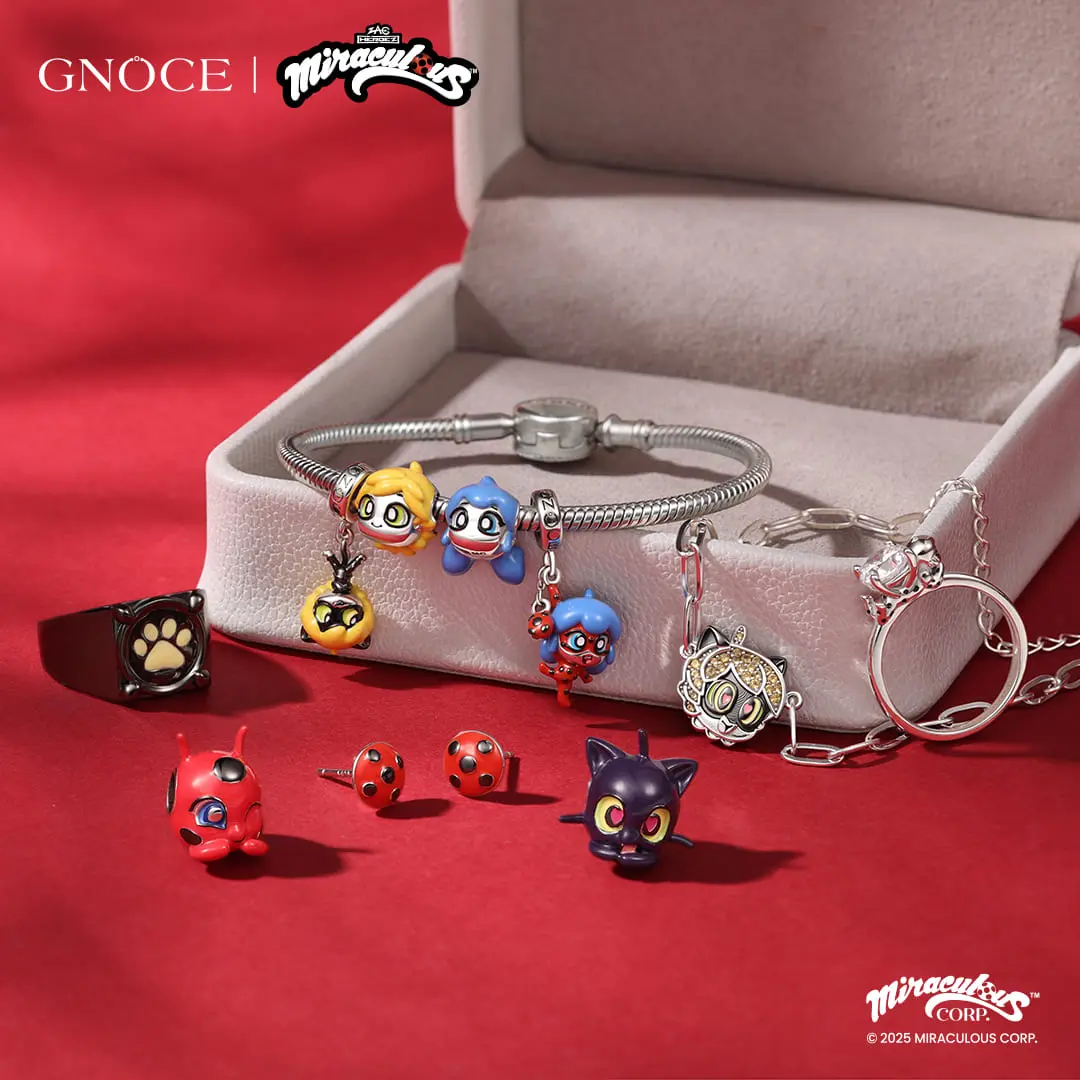 Gnoce S925 Sterling Silver Noir Chain Bracelet Stack Set - Jewelry For Women with Colorful Charm Necklace, Ring, Keychain, Cubic Zirconia Collectibles, Official Licensed Birthday Gift Accessory, Charm Bracelet, Colorful Charms